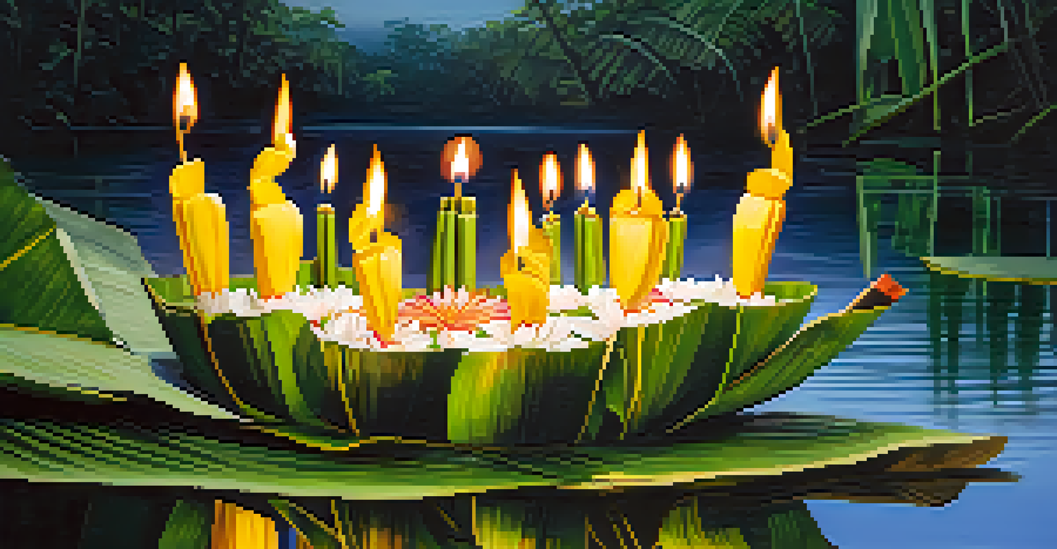 A close-up of a decorated krathong made of banana leaves with flowers and a candle, floating on water during the Loy Krathong festival.