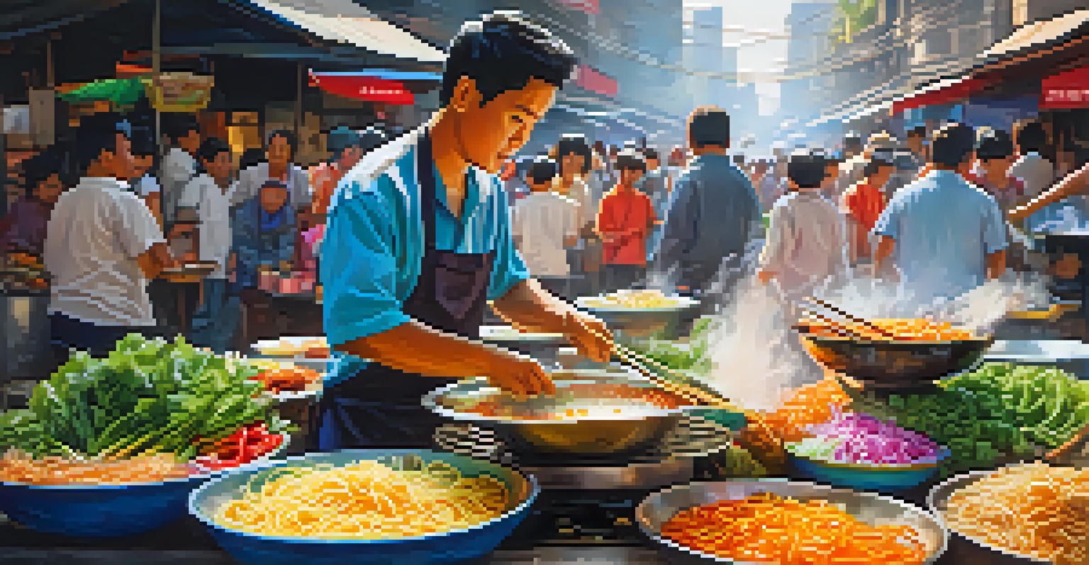 A street food vendor in Thailand cooking colorful ingredients in a wok, with a vibrant market scene in the background.