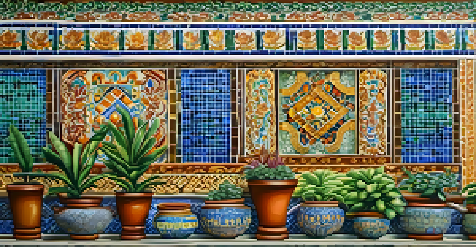 A colorful mosaic of ceramic tiles on a Thai building wall, surrounded by potted plants.