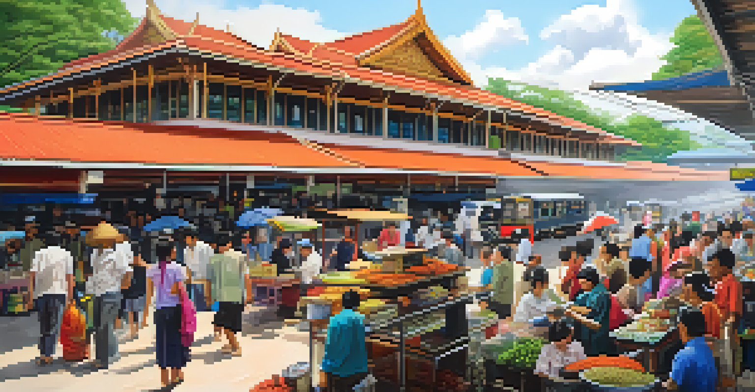 A busy Thai train station with vendors selling food and crafts, and passengers boarding the SRT train.