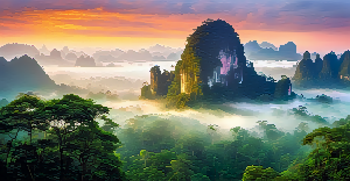 A beautiful sunrise illuminating the lush rainforests of Khao Sok National Park, with mist and limestone cliffs.