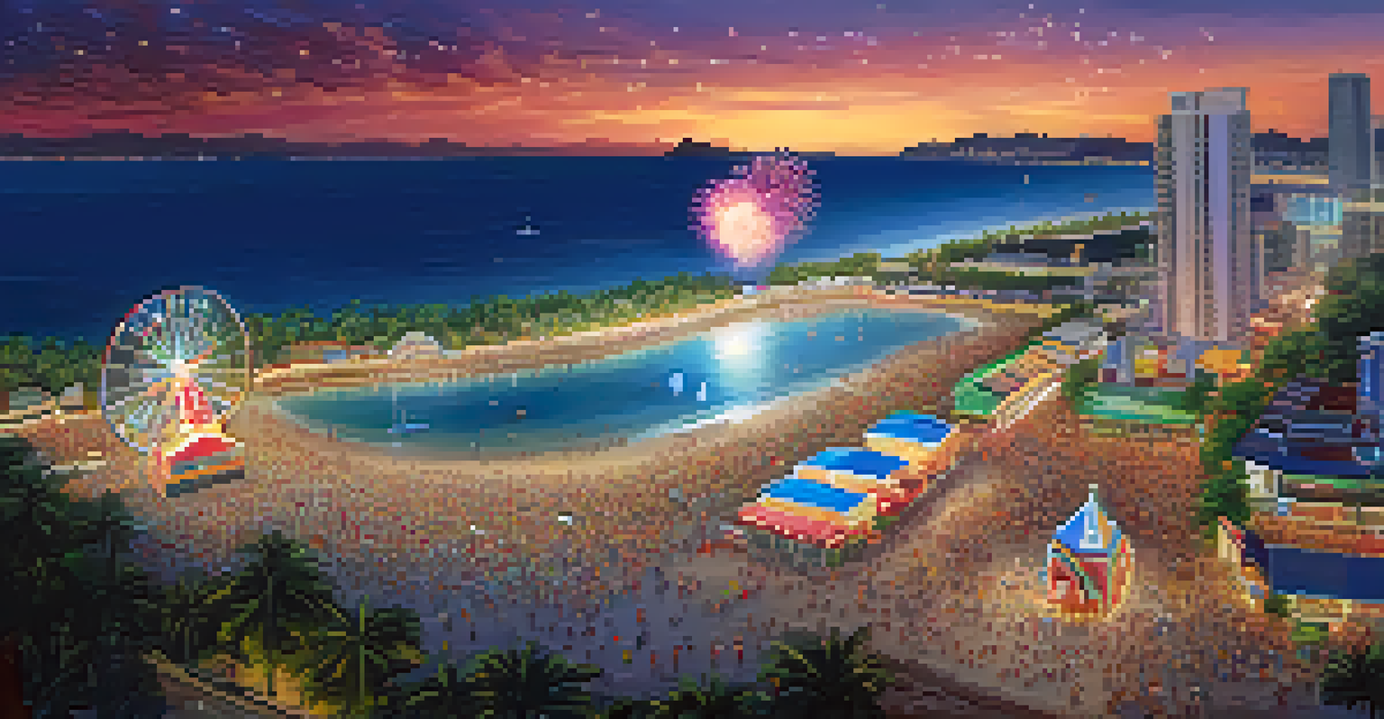 An aerial view of Pattaya Beach during the International Fireworks Festival, highlighting the vibrant atmosphere with food stalls and fireworks.