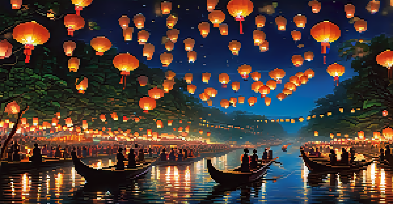 A magical view of the Yi Peng Lantern Festival on a Thai river, with illuminated lanterns floating on the water and glowing in the night sky.