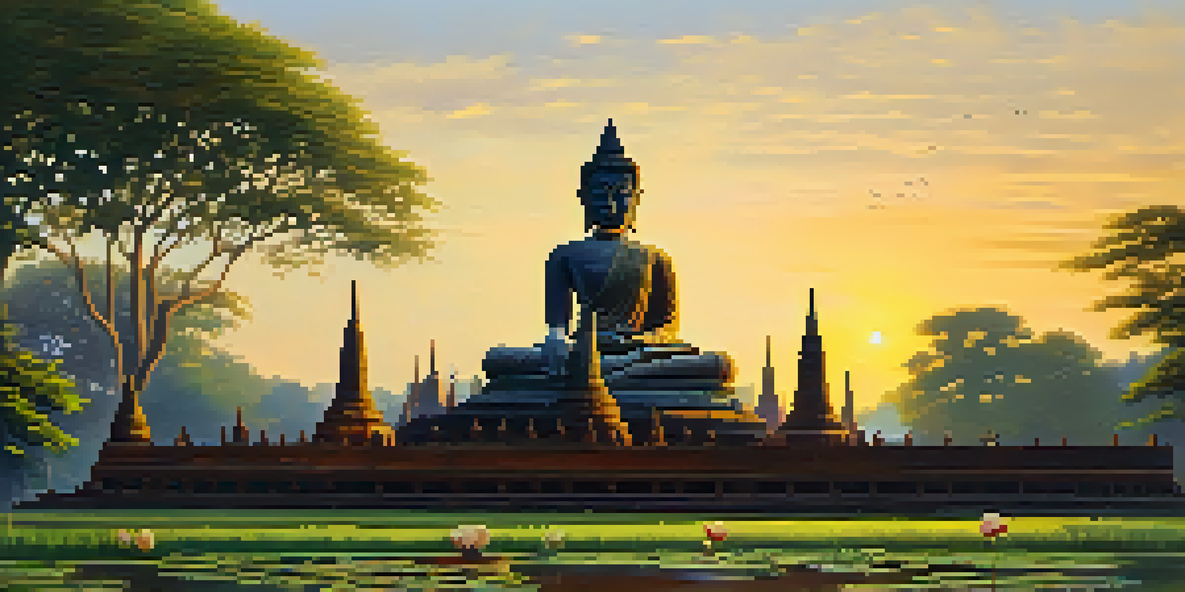 A sunset view of Wat Mahathat with a grand Buddha statue, lotus ponds, and ancient chedis bathed in golden light.