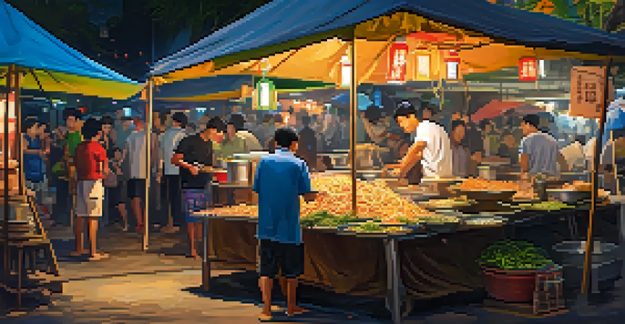 A lively street food market in Thailand with a vendor cooking Pad Thai and people enjoying their meals, surrounded by colorful ingredients and warm lights.