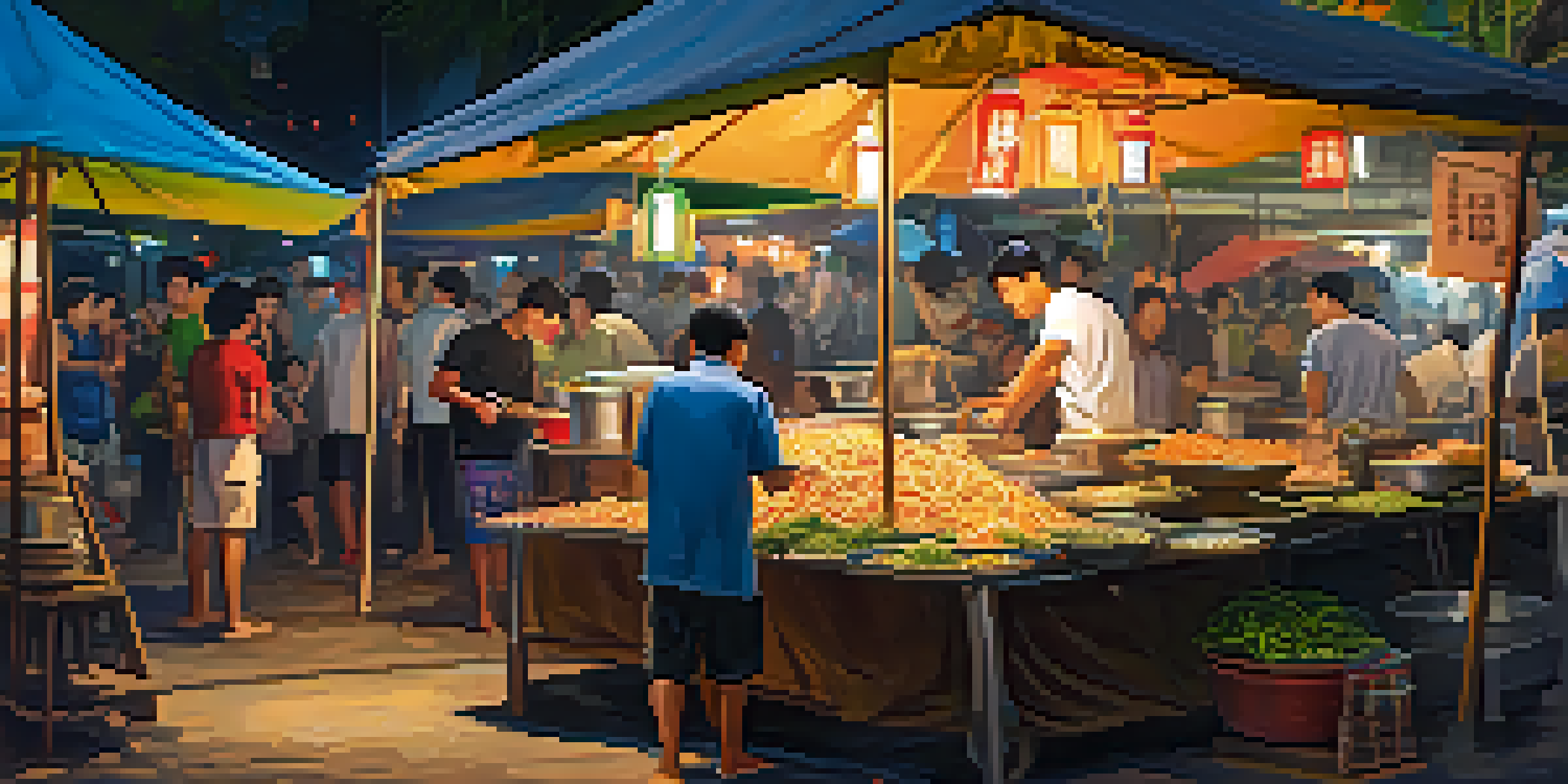 A lively street food market in Thailand with a vendor cooking Pad Thai and people enjoying their meals, surrounded by colorful ingredients and warm lights.