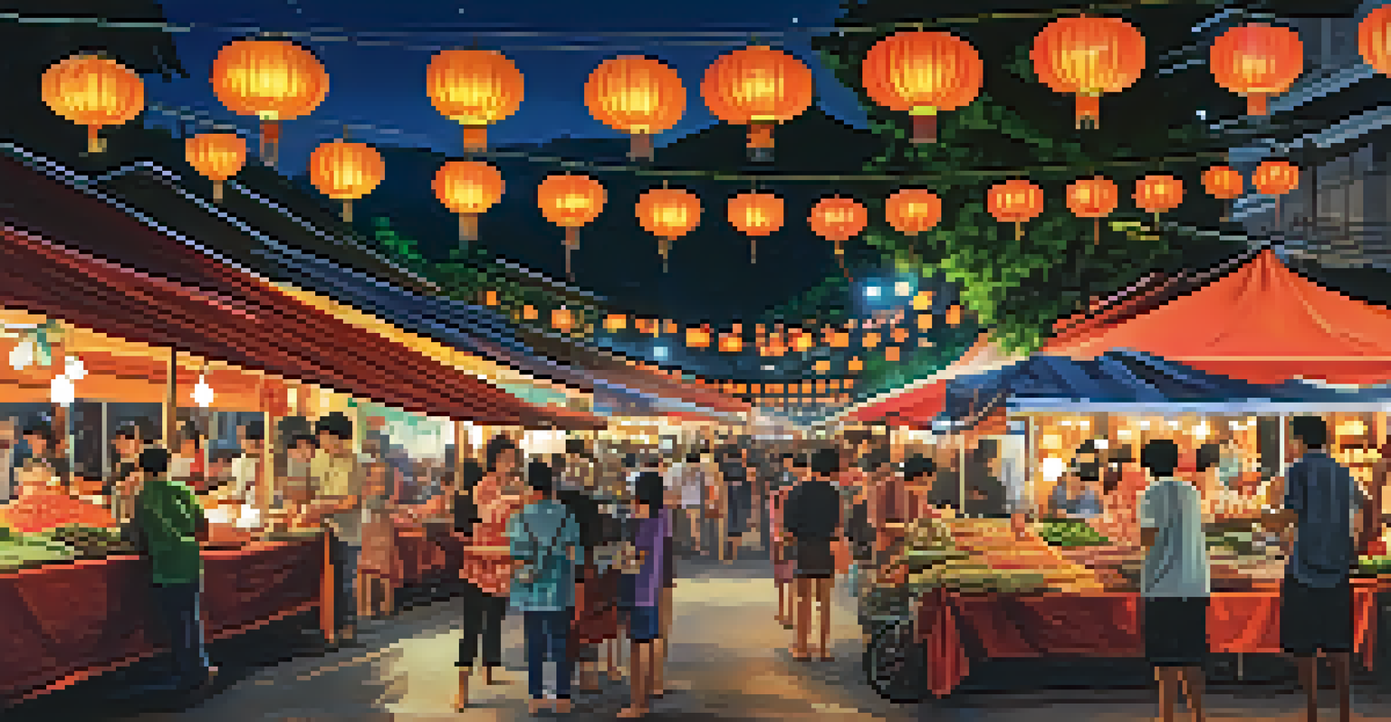 A lively nighttime scene at Chiang Mai Night Bazaar with illuminated stalls selling handicrafts, street performers, and the aroma of local food in the air.