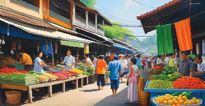 A bustling Thai street market with colorful stalls filled with fresh produce and handicrafts, and people interacting in a lively atmosphere.