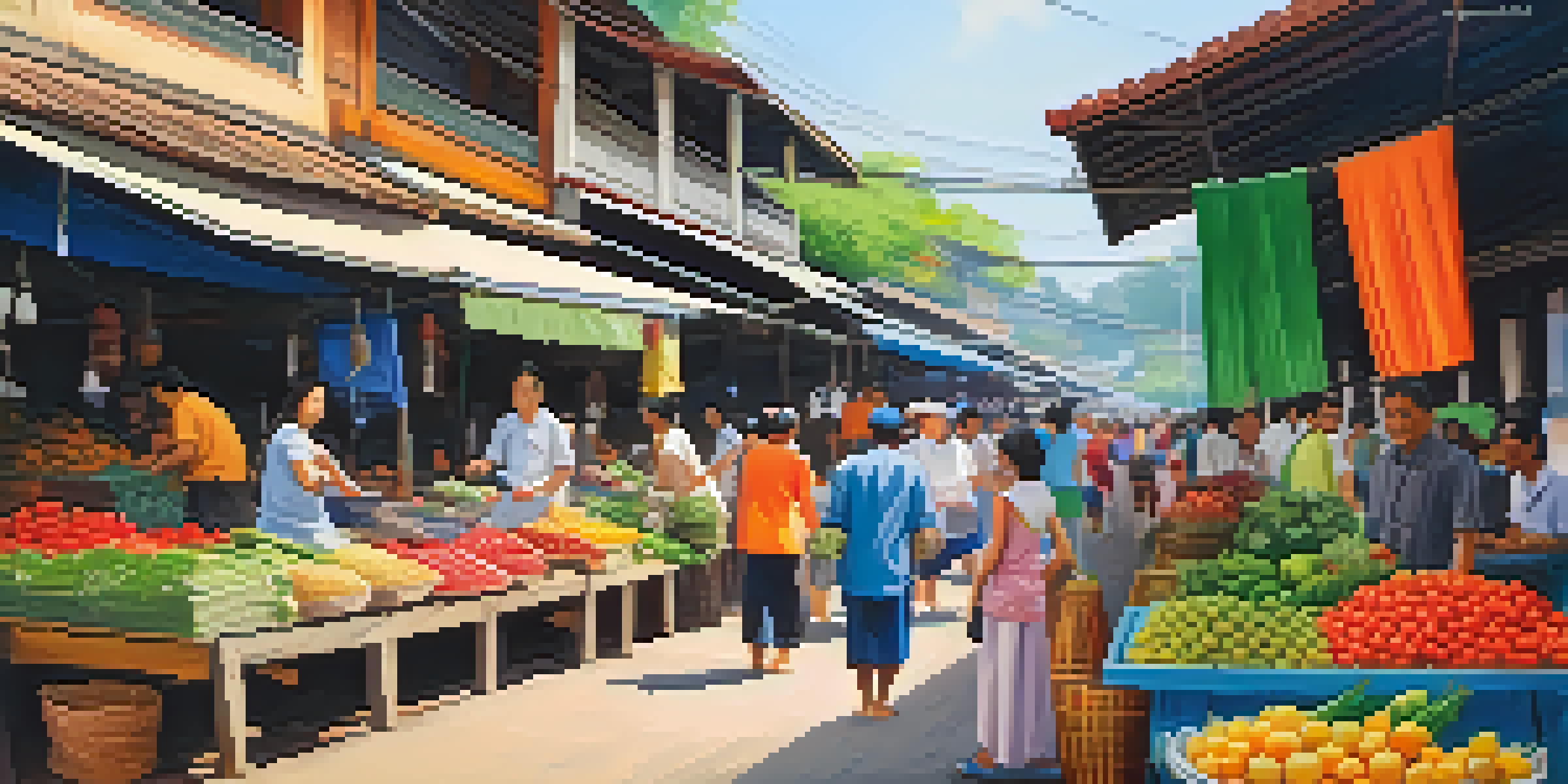 A bustling Thai street market with colorful stalls filled with fresh produce and handicrafts, and people interacting in a lively atmosphere.