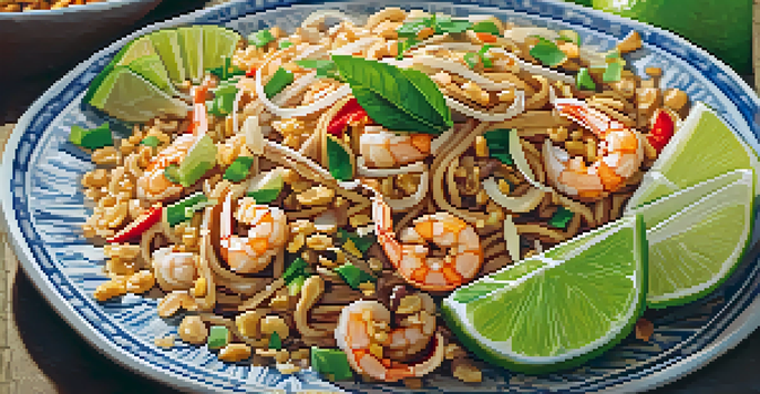 A plate of Pad Thai garnished with lime and peanuts, showcasing the colorful ingredients and textures.