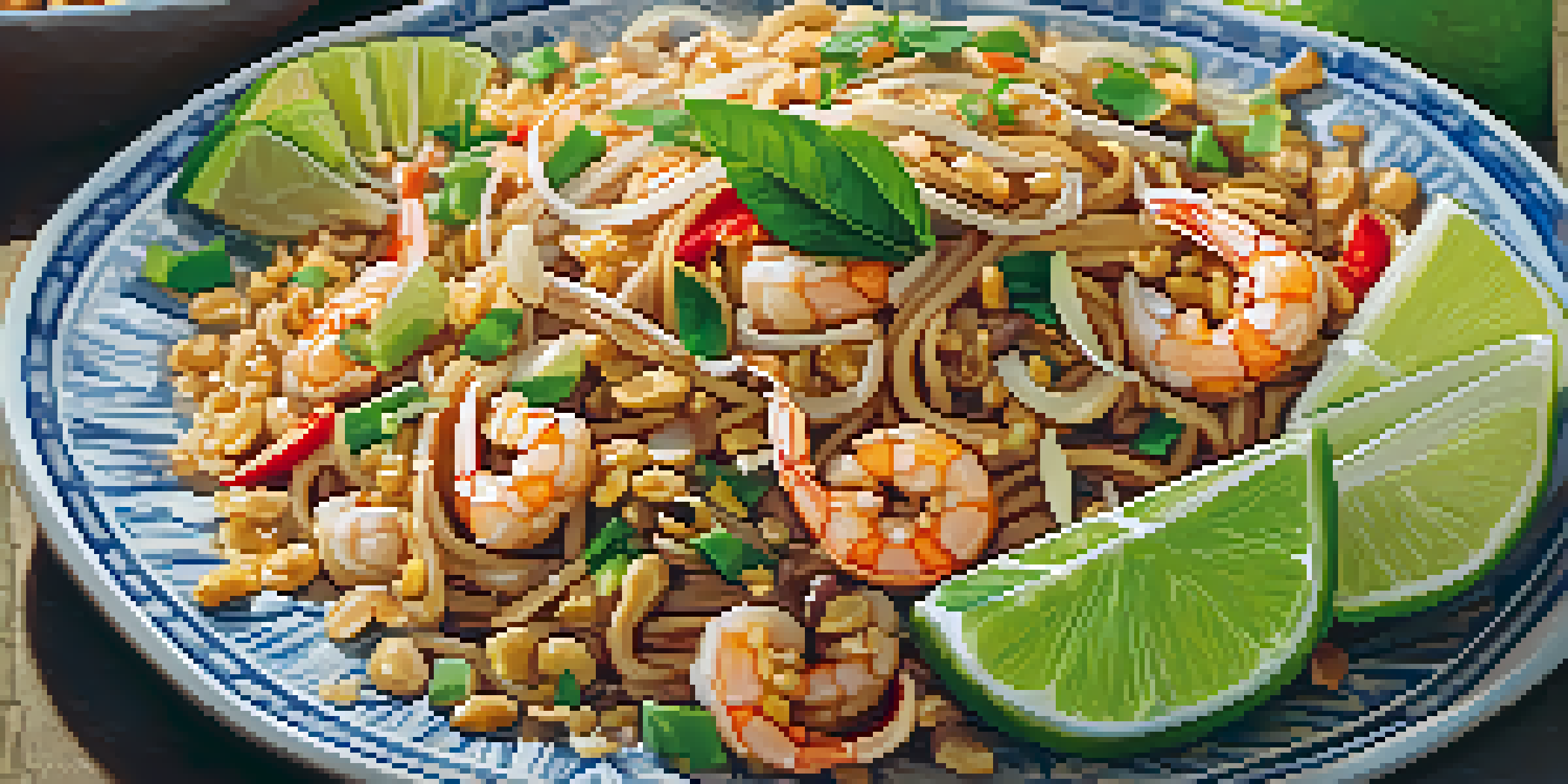 A plate of Pad Thai garnished with lime and peanuts, showcasing the colorful ingredients and textures.
