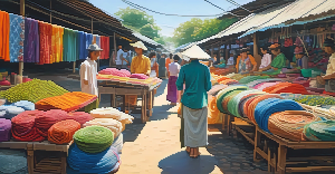 A lively market in Thailand with artisans weaving colorful textiles and displaying handcrafted garments under sunlight.