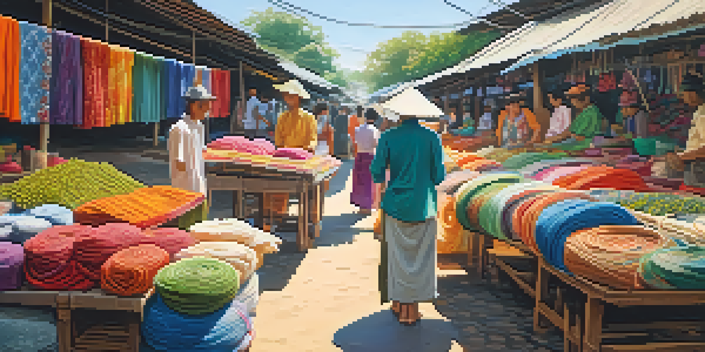 A lively market in Thailand with artisans weaving colorful textiles and displaying handcrafted garments under sunlight.