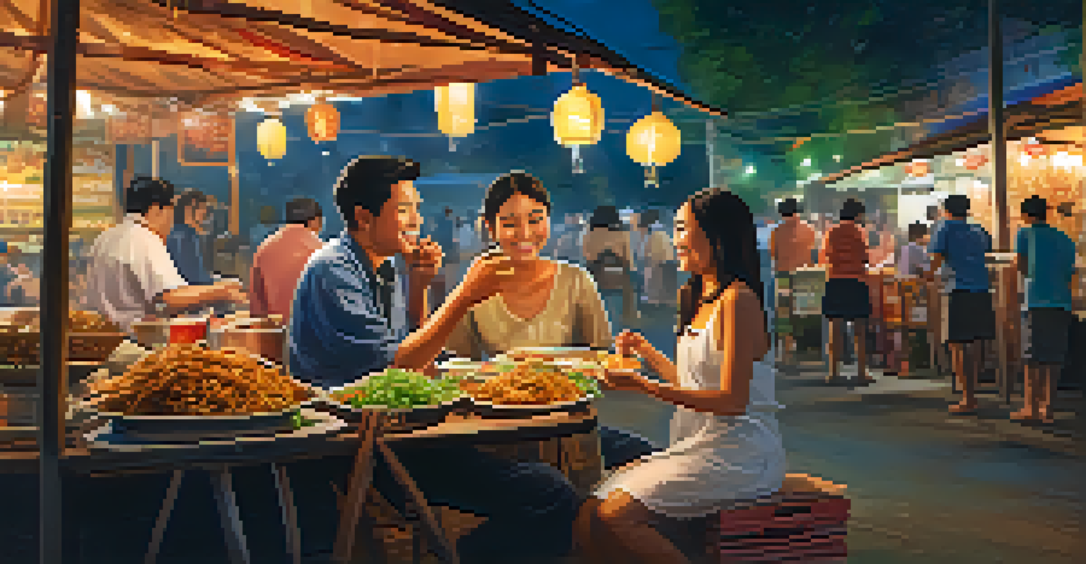 A couple enjoying traditional Thai street food at a night market, surrounded by glowing stalls and a lively atmosphere.