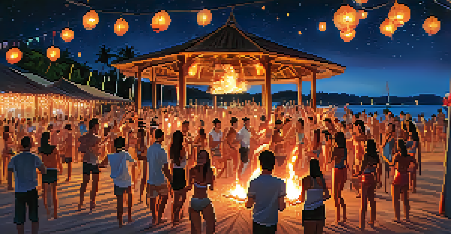 A dynamic party scene at a beach bar with fire performers and a lively crowd dancing under colorful lights at night.