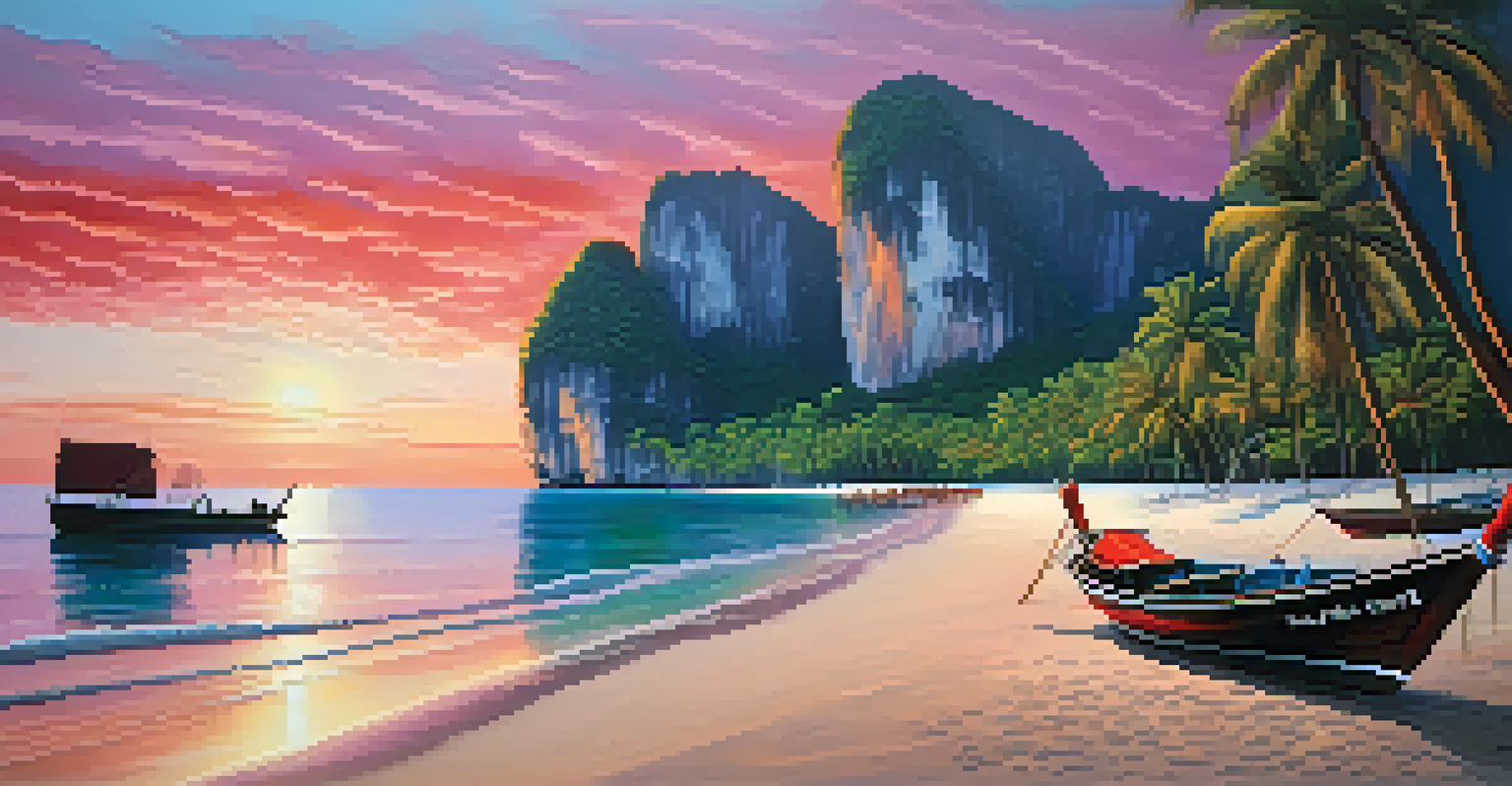 A serene sunset view of Railay Beach with limestone cliffs and turquoise waters, featuring vibrant colors in the sky and palm trees in silhouette.
