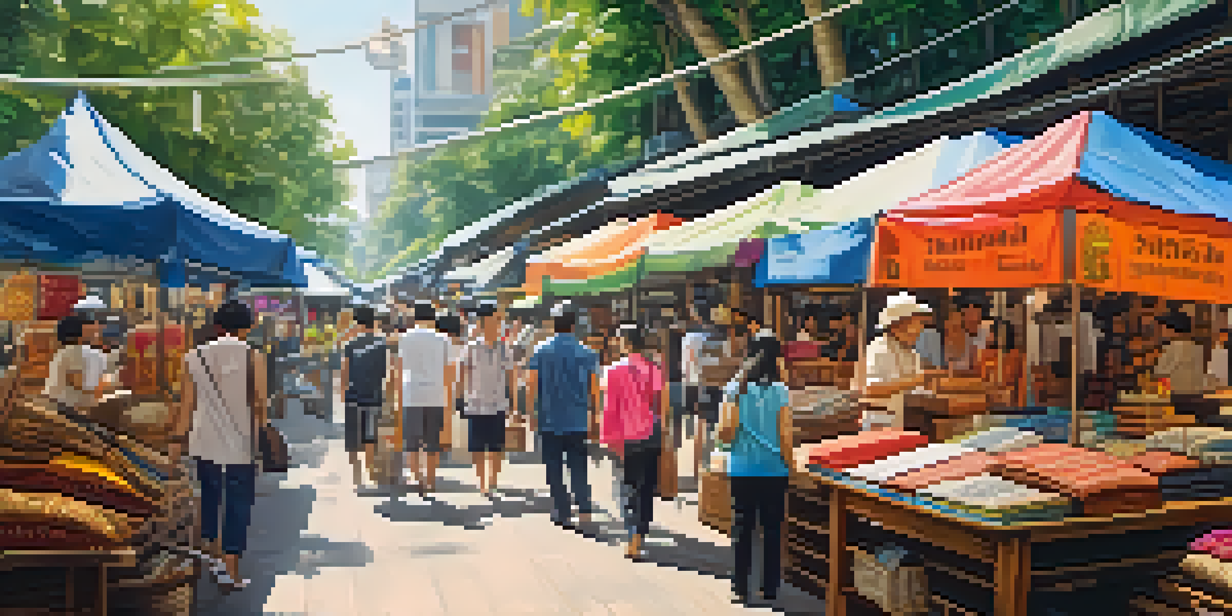A bustling market scene in Bangkok with colorful stalls displaying handmade crafts, people shopping, and greenery in the background.