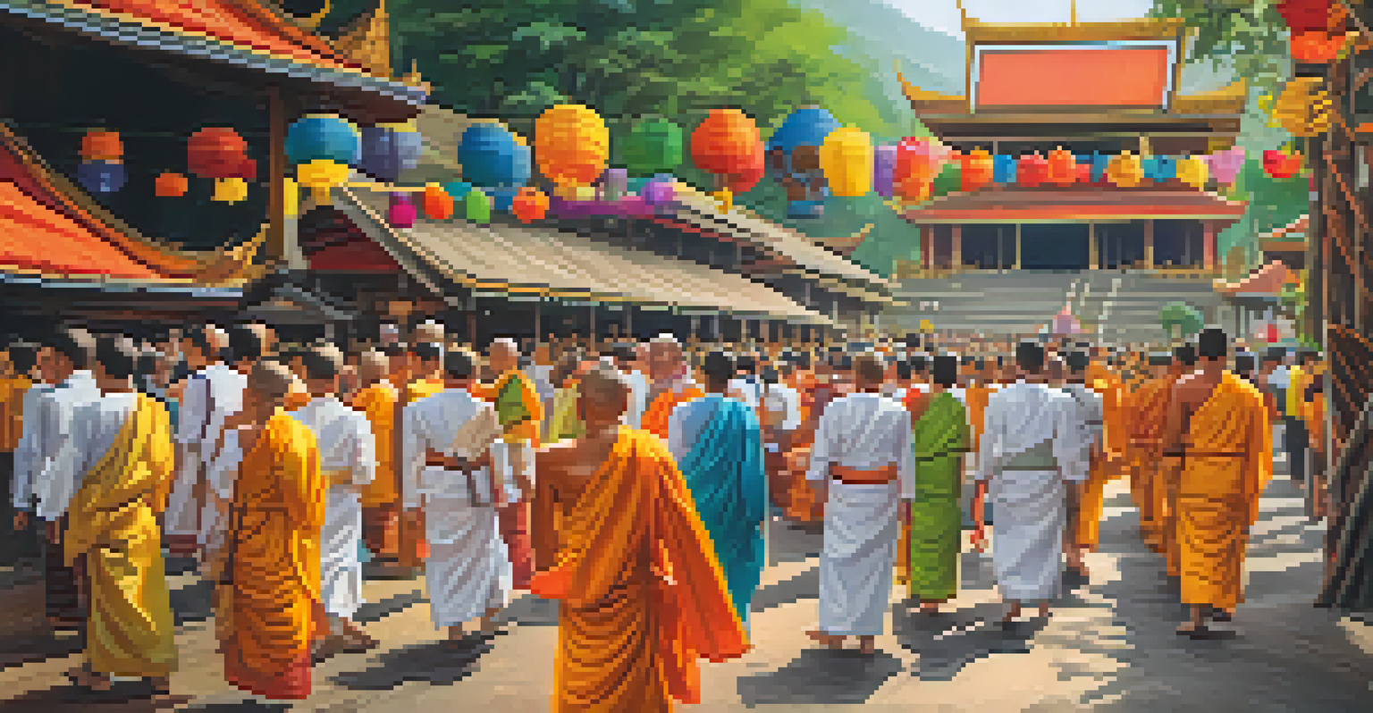 A lively festival scene at a Thai temple, featuring colorful decorations, traditional attire, and monks in a procession.