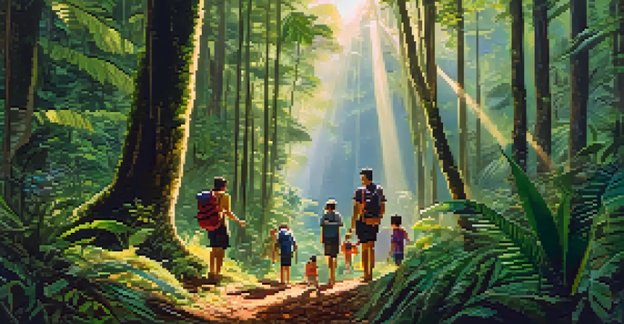A family hiking in a lush rainforest, looking at a colorful bird, with sunlight filtering through the trees.