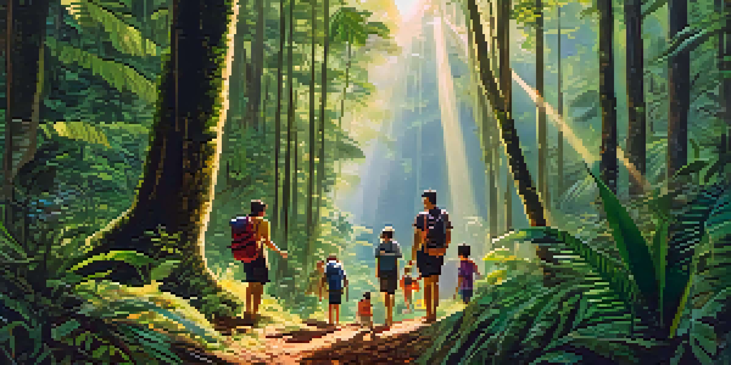 A family hiking in a lush rainforest, looking at a colorful bird, with sunlight filtering through the trees.