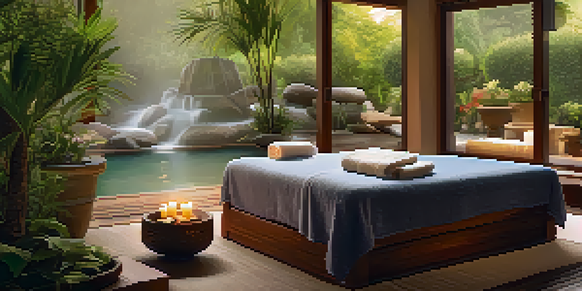 A peaceful spa environment with a massage table, candles, plants, and a hot tub emitting steam.