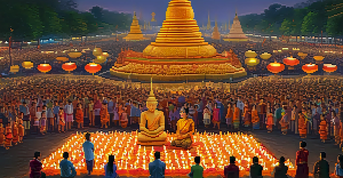 A colorful festival scene featuring tall, intricately carved candles lit at dusk, with traditional dancers in vibrant attire performing in front of an enthusiastic audience.