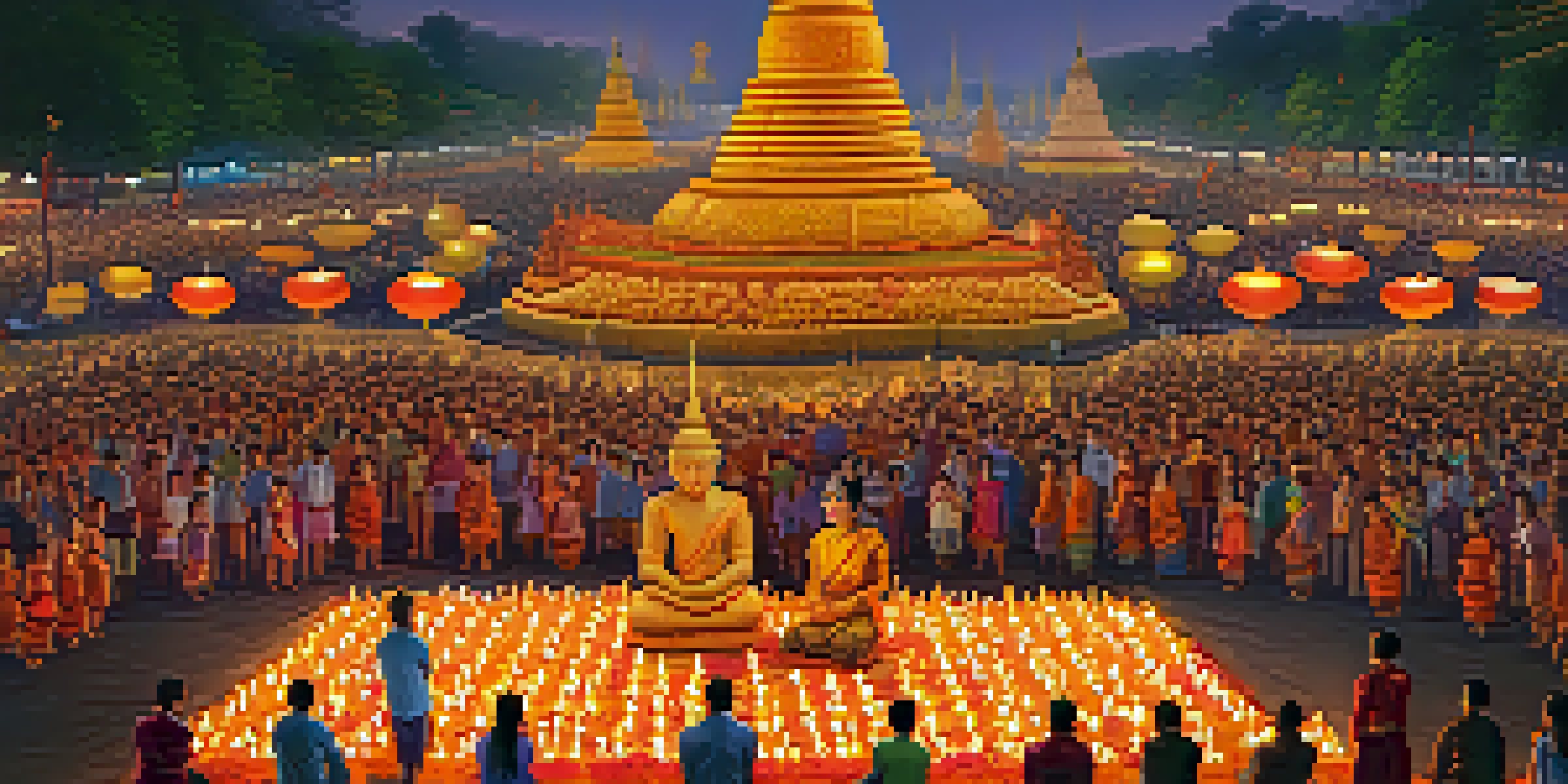 A colorful festival scene featuring tall, intricately carved candles lit at dusk, with traditional dancers in vibrant attire performing in front of an enthusiastic audience.