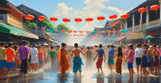 A lively street scene during the Songkran festival in Thailand, with people splashing water and wearing colorful clothing.