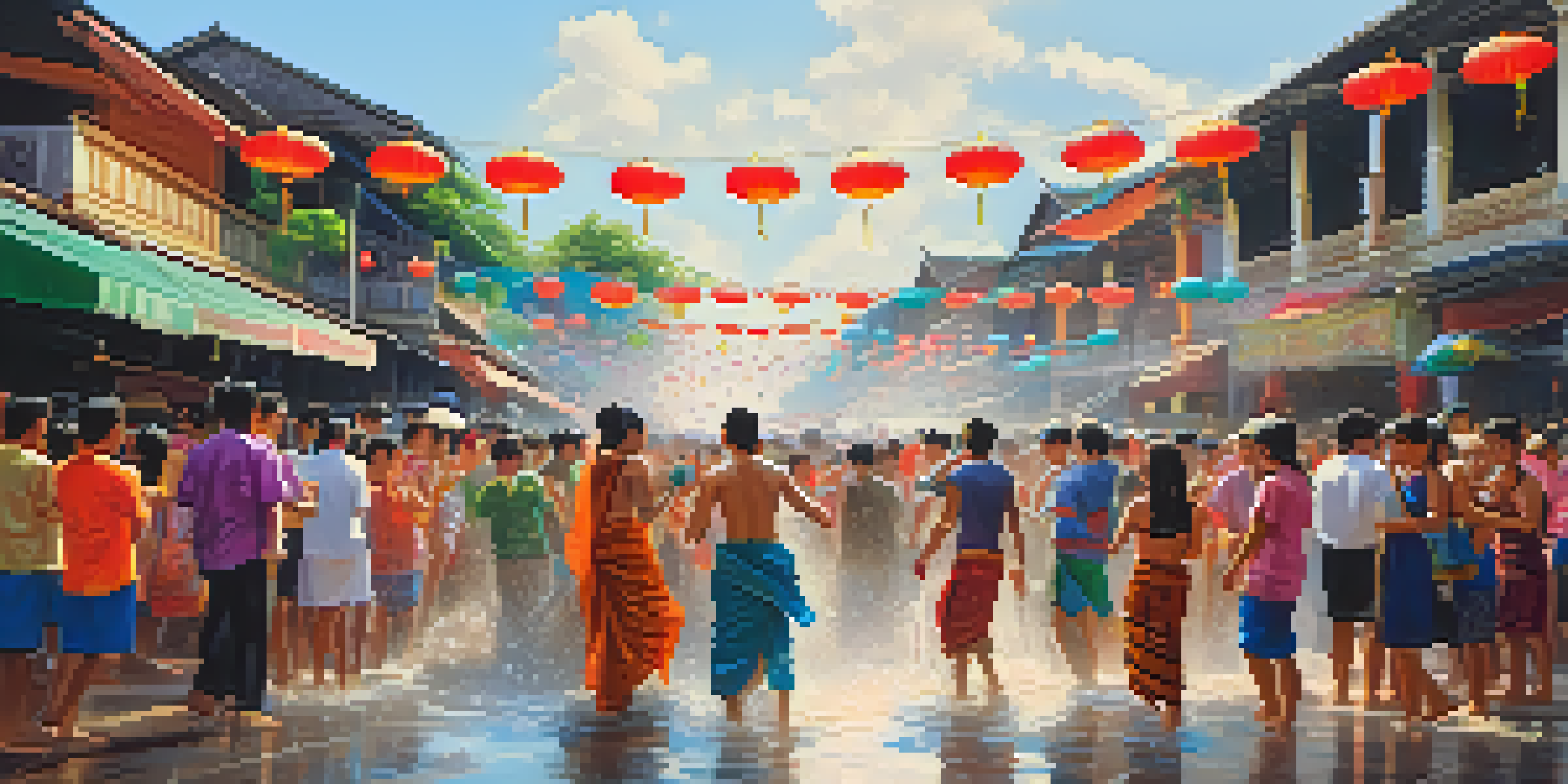 A lively street scene during the Songkran festival in Thailand, with people splashing water and wearing colorful clothing.