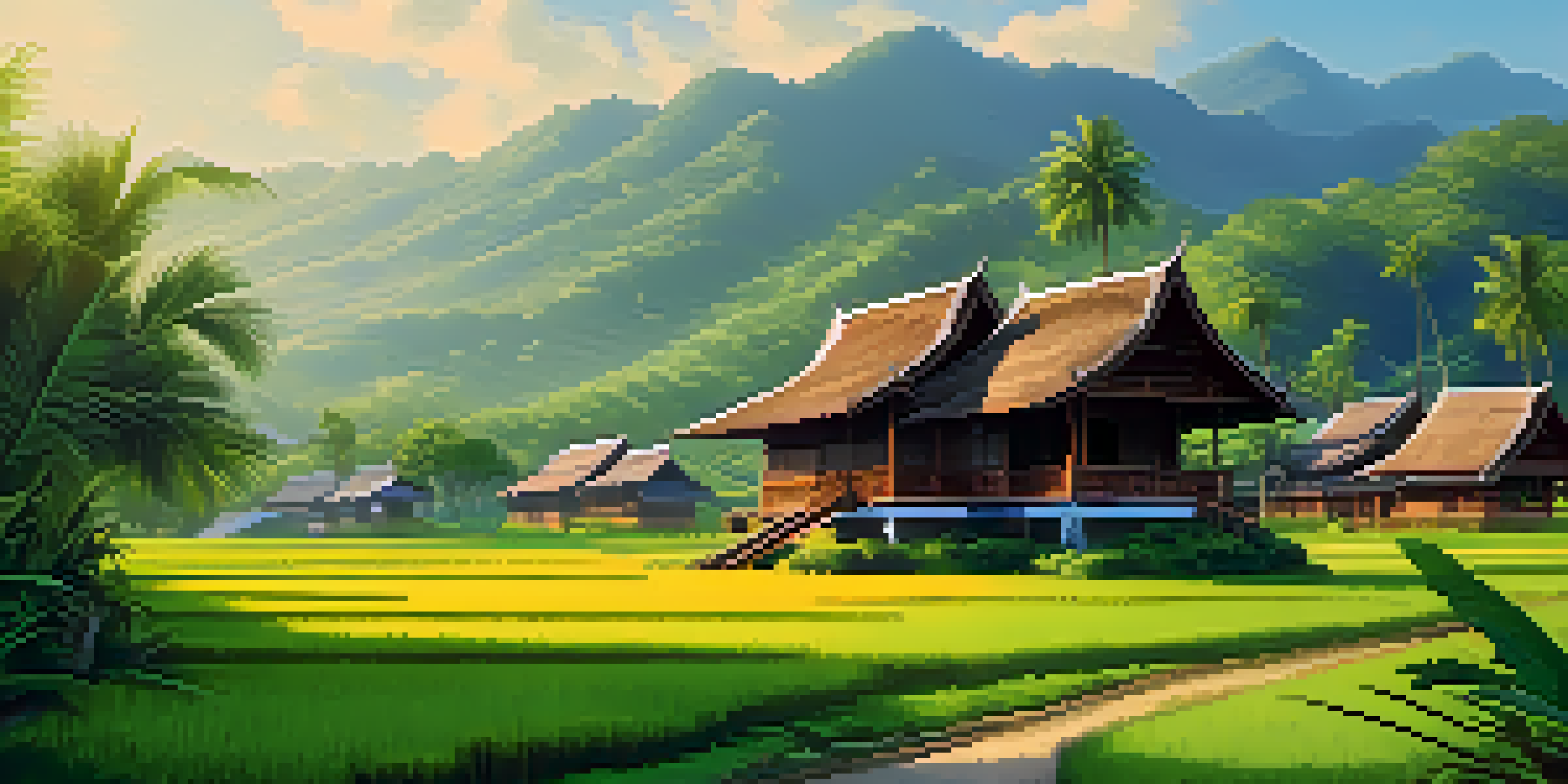 A tranquil view of a traditional Thai village with rice paddies, a wooden house, and mountains in the background under a sunny sky.
