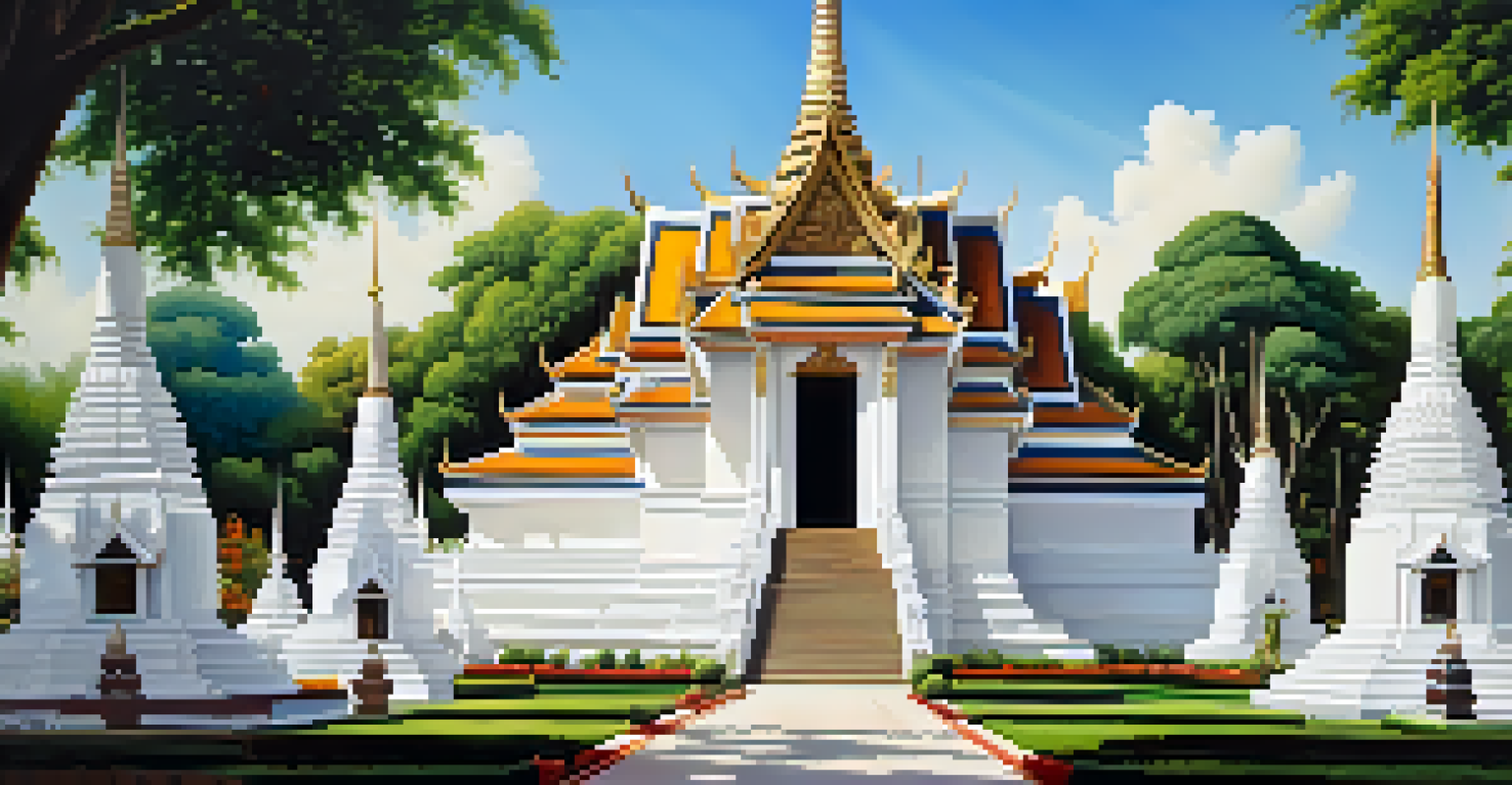 A peaceful view of Wat Suan Dok with white chedis and colorful gardens under a blue sky, creating a serene environment for reflection.