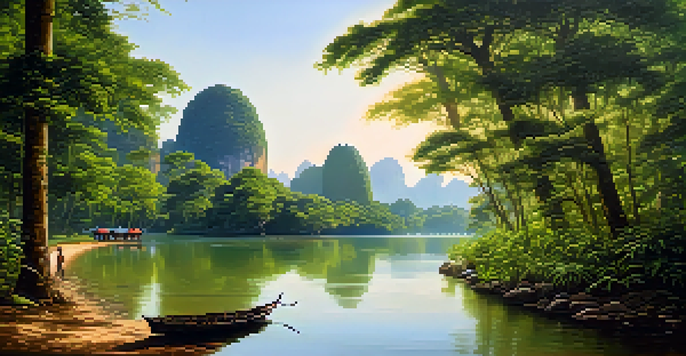 A tranquil Thailand national park landscape with lush greenery, a river, and a local guide leading tourists along a path in warm sunlight.
