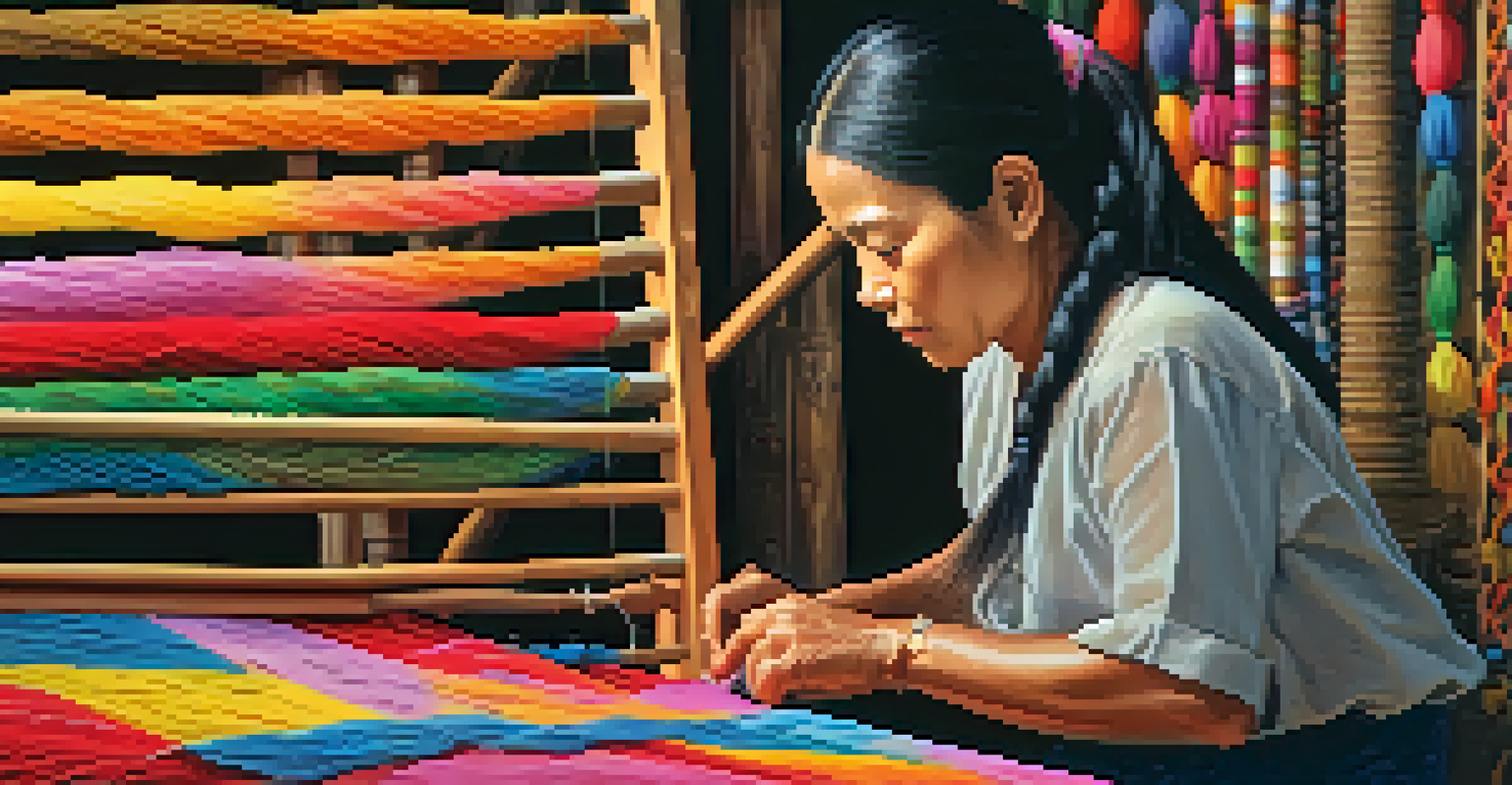 A female artisan weaving a colorful textile on a loom, with vibrant textiles in the background, showcasing her skill and concentration.