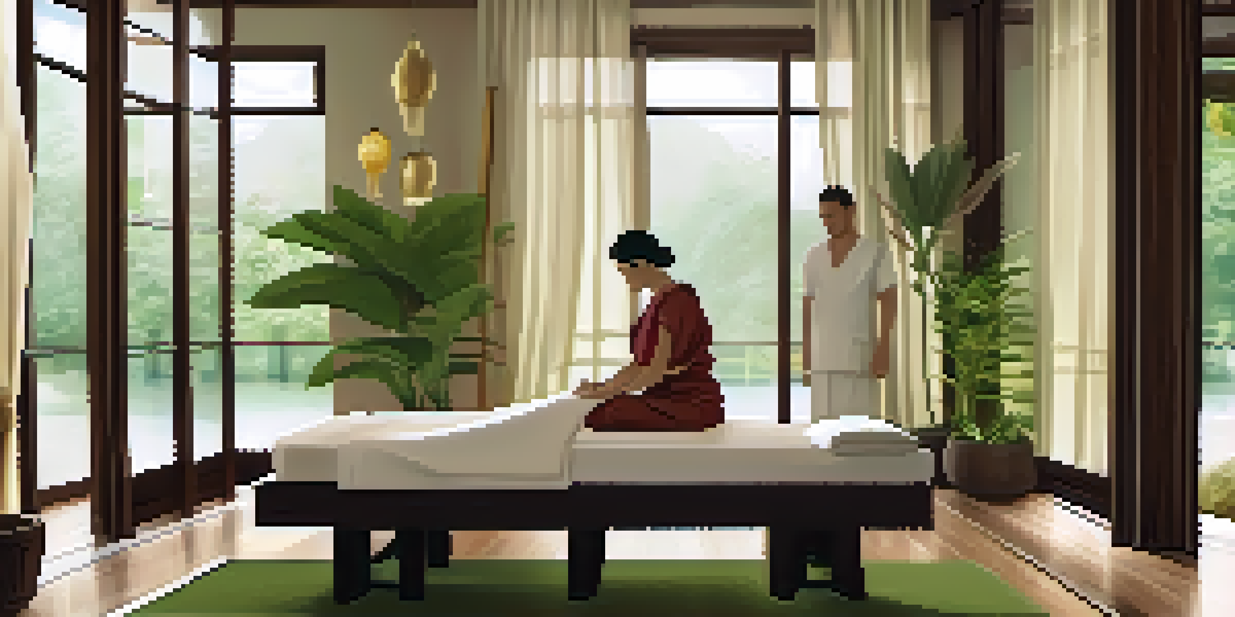 A tranquil spa interior in Thailand with a therapist giving a Thai massage to a client on a mat, surrounded by plants and soft natural light.