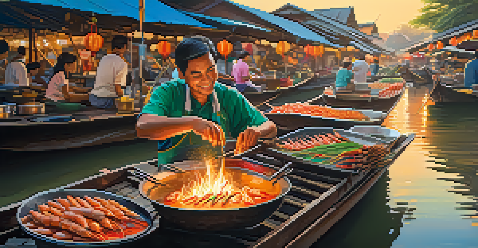 A vendor grilling river prawns at Taling Chan floating market, surrounded by colorful stalls and the sparkling water of the canal.