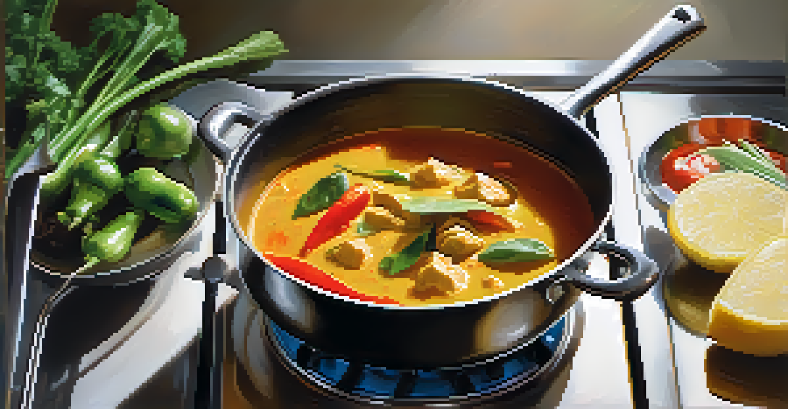 A close-up of a pot of simmering Thai curry with steam and colorful vegetables.