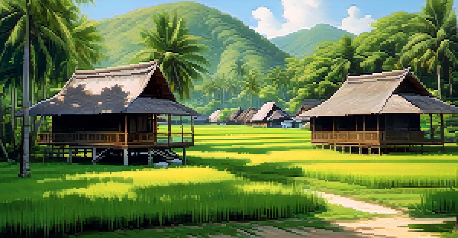 A traditional Thai village with wooden houses and rice fields, under a clear sky with sunlight filtering through the palm trees.