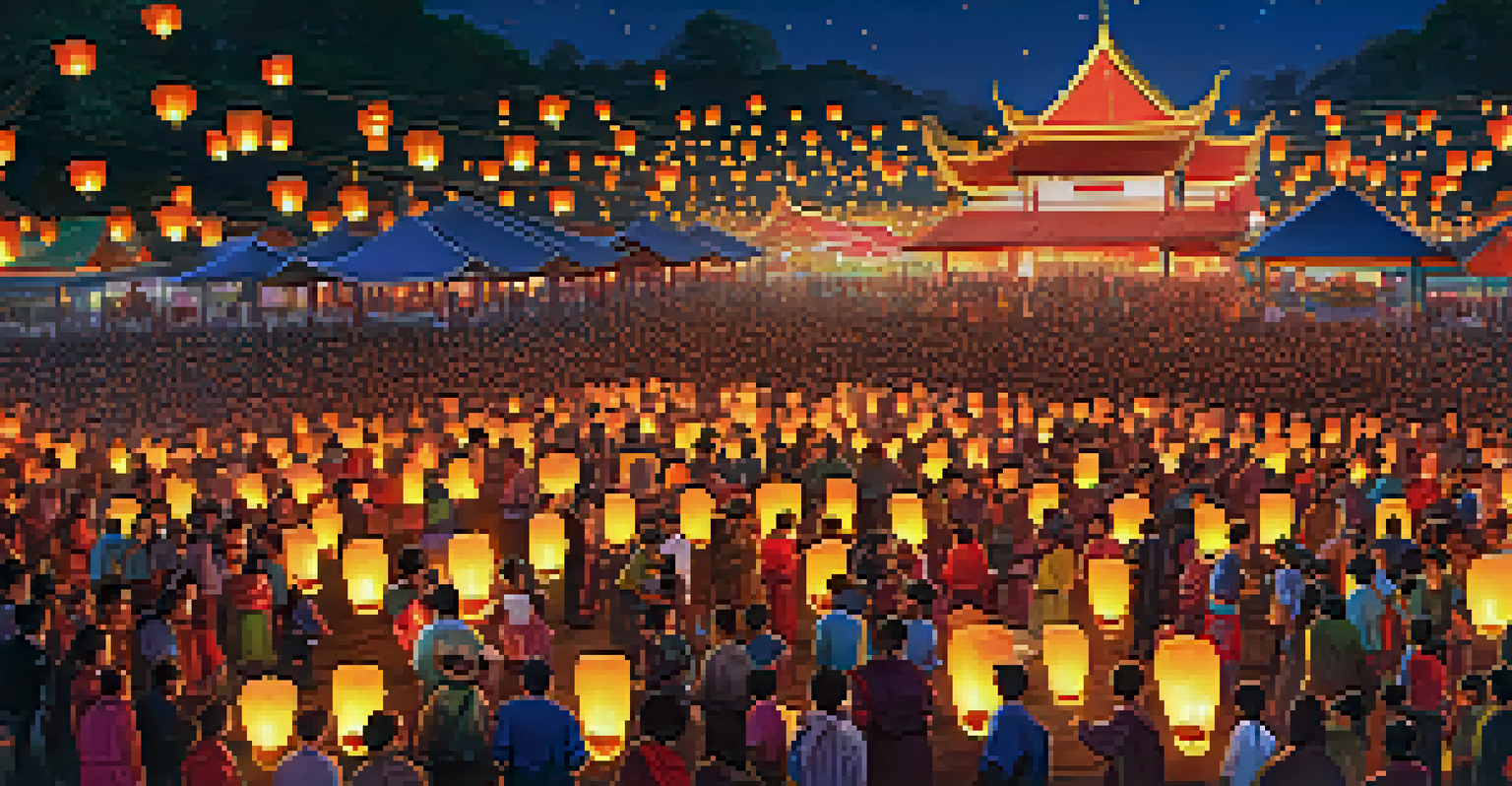 A vibrant night scene of the Yi Peng Lantern Festival in Northern Thailand, with people dressed in traditional attire releasing lanterns into the sky.