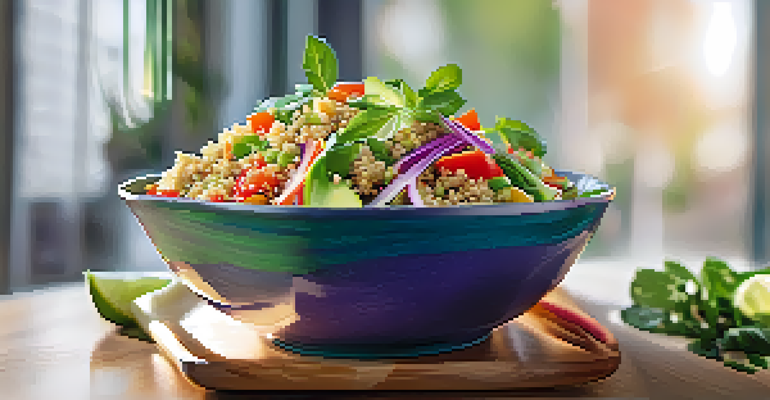 A colorful bowl of Thai salad with quinoa and fresh vegetables in a bright kitchen.