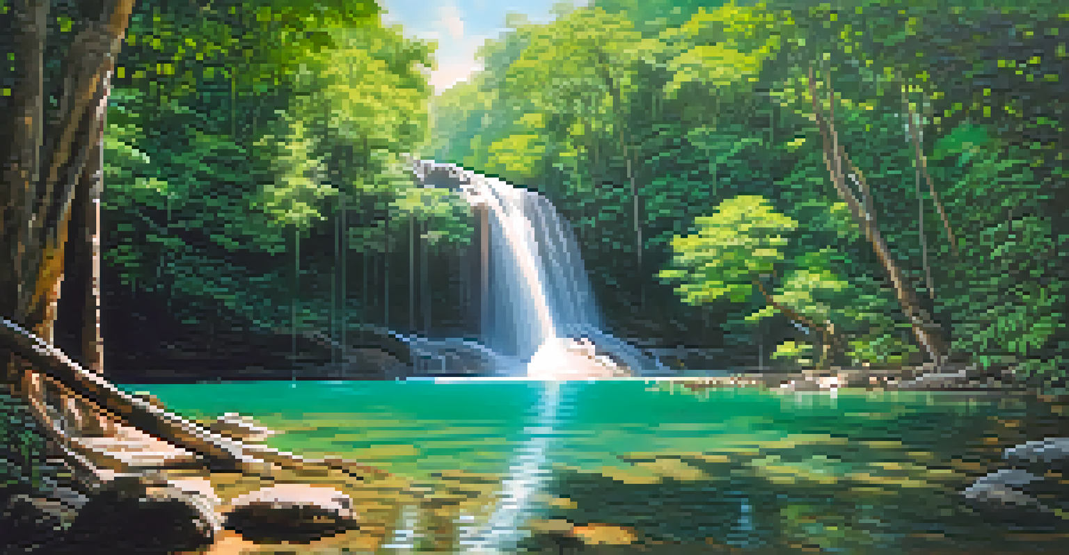 A stunning waterfall in Erawan National Park, flowing into turquoise pools, surrounded by lush greenery.