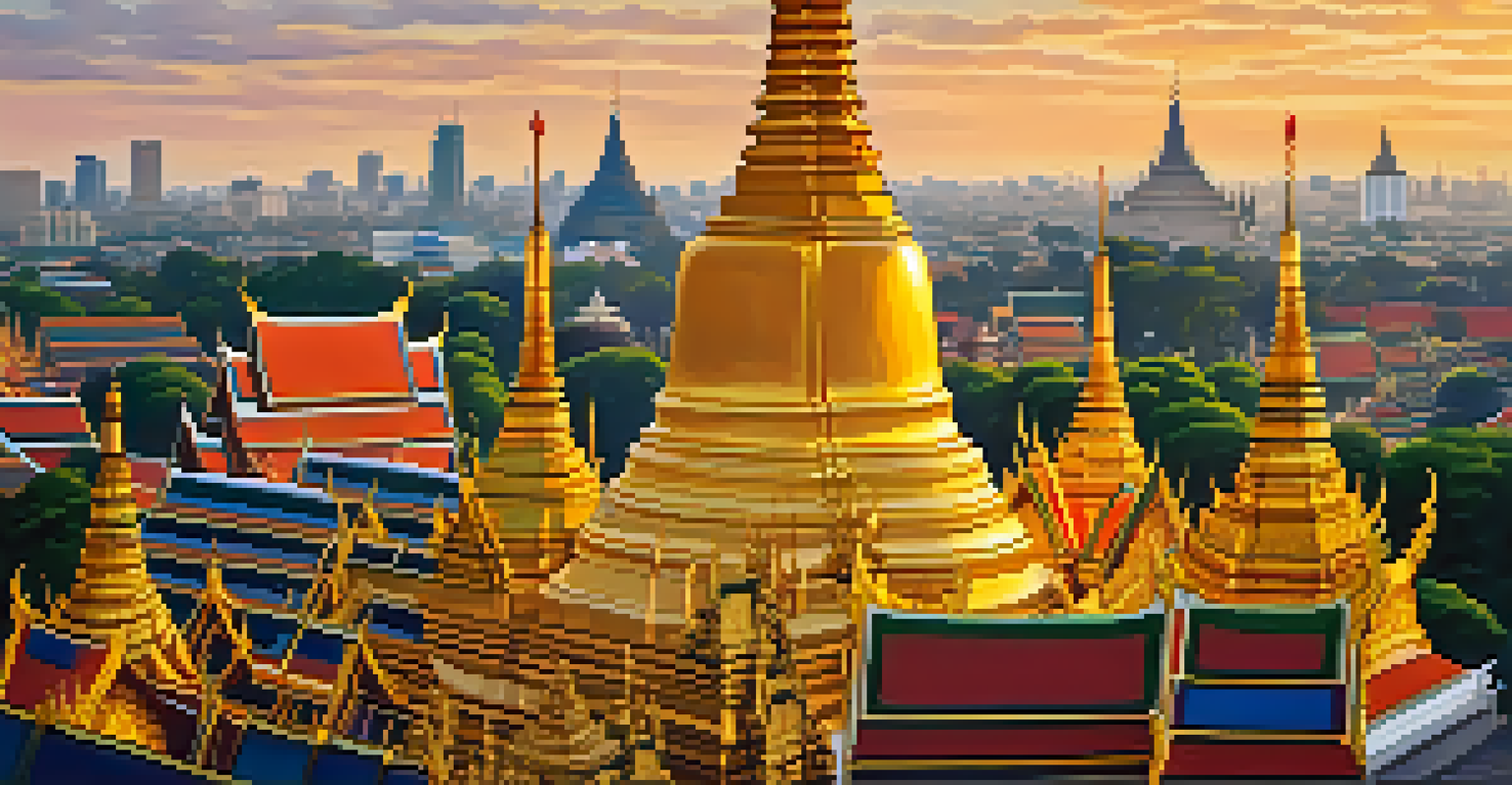 A close-up of Wat Phra Kaew showcasing intricate mosaics and golden stupas in warm light.