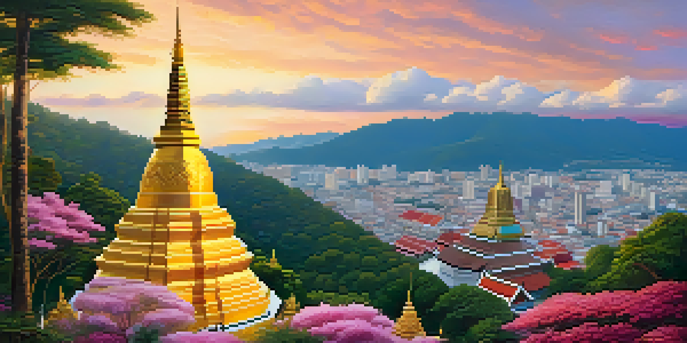 A sunset view of the Wat Phra That Doi Suthep temple on a mountain, surrounded by green hills and clouds.