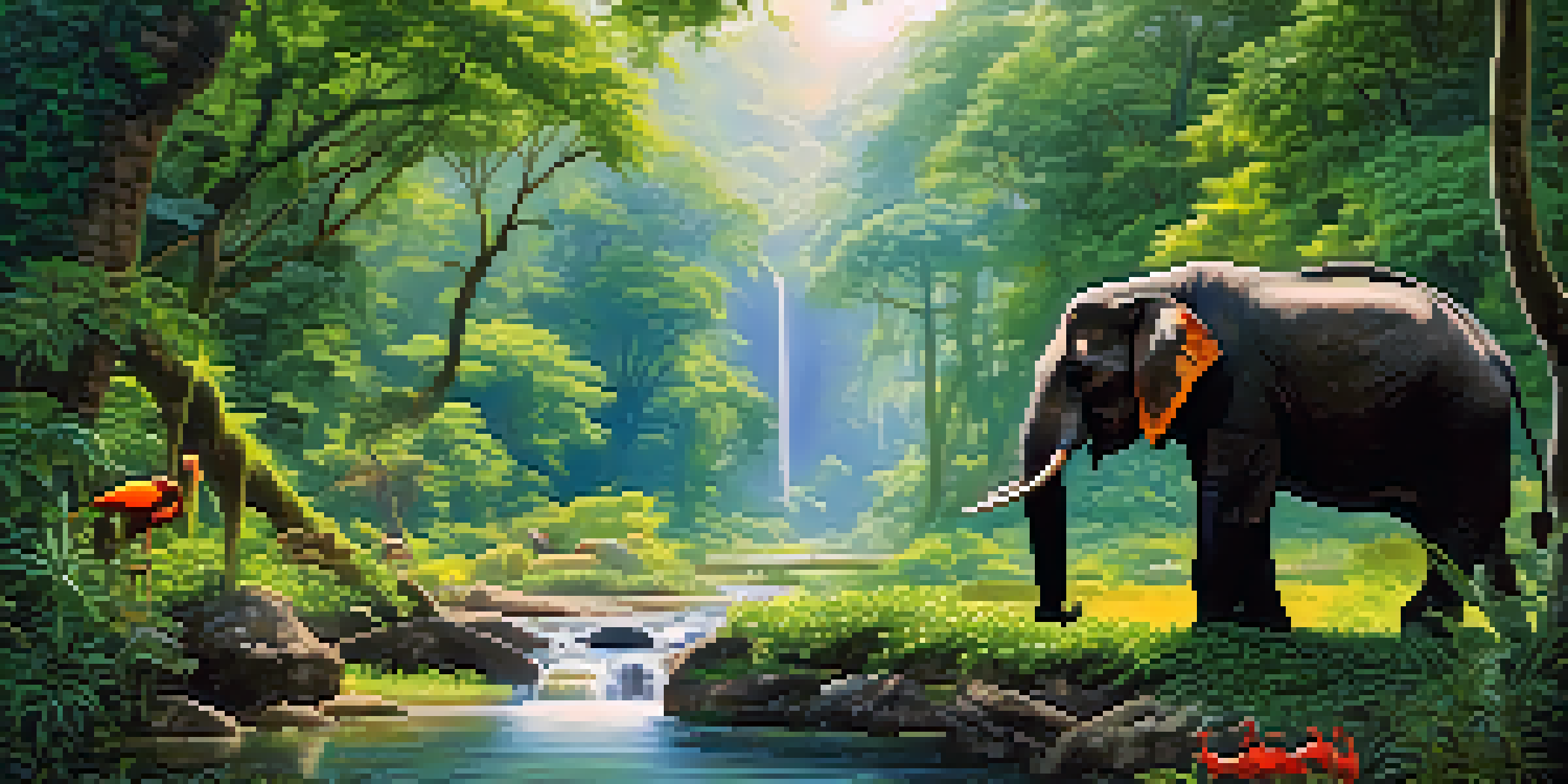 A peaceful jungle scene in Chiang Mai with an elephant grazing near a stream, surrounded by vibrant plants and sunlight filtering through the trees.