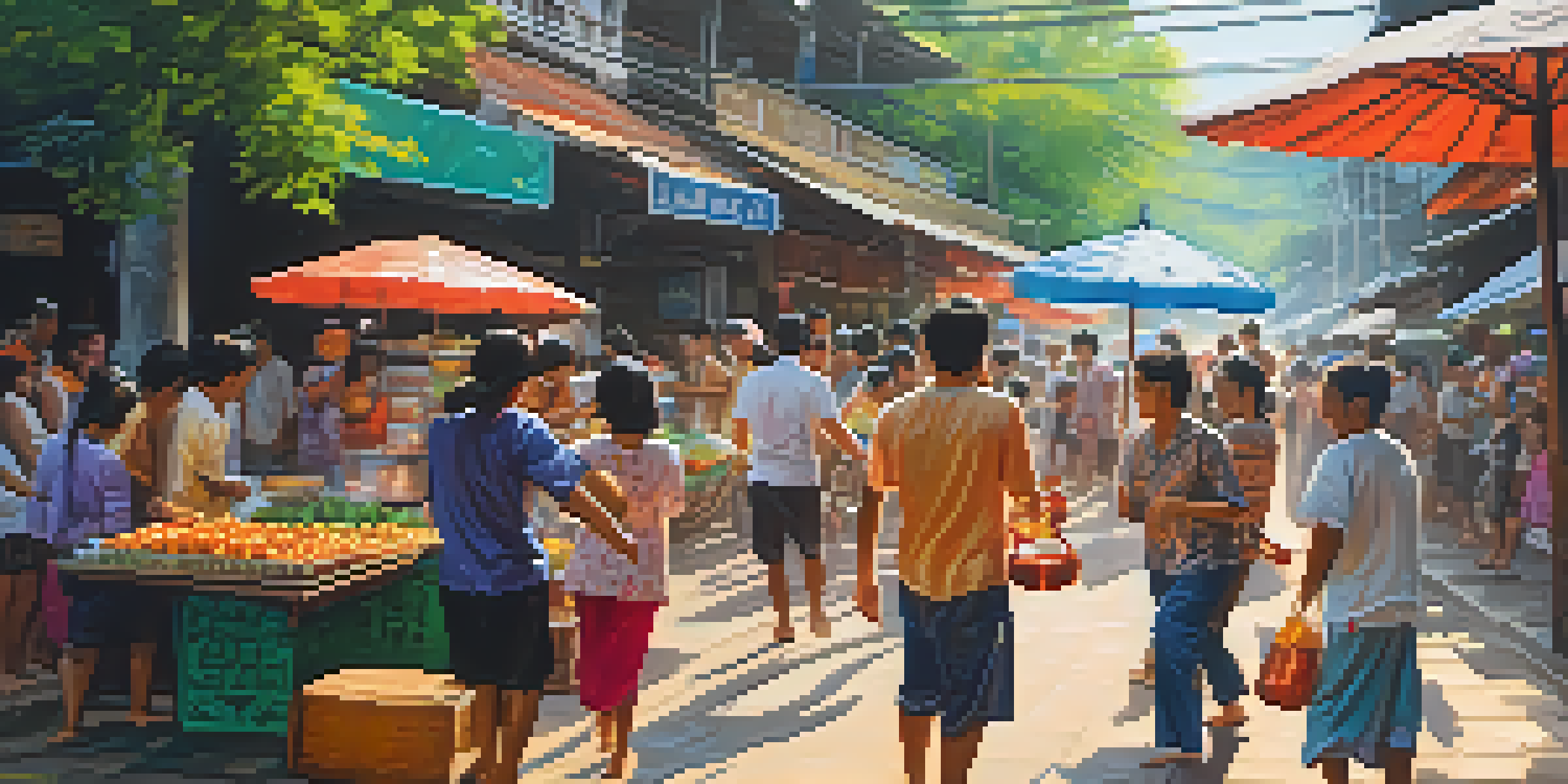 A lively street scene in Thailand during the Songkran festival, with people splashing water and colorful decorations.
