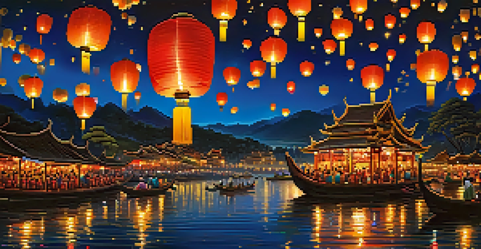 A night scene with thousands of glowing lanterns floating in the sky, reflecting in a river, and people in traditional Thai clothing watching.