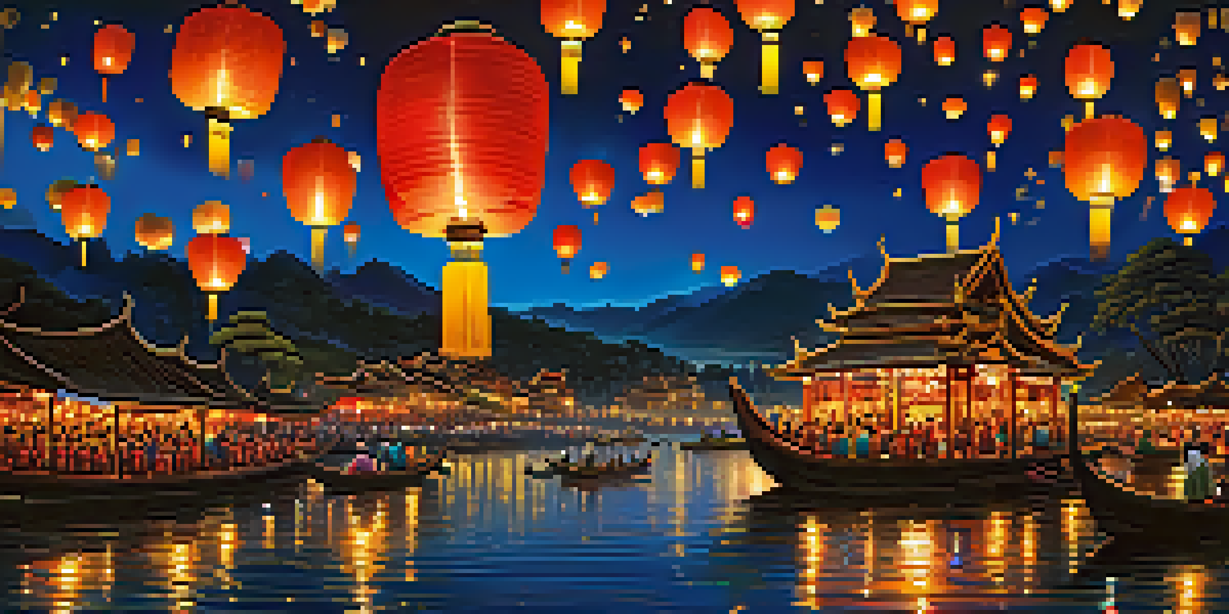 A night scene with thousands of glowing lanterns floating in the sky, reflecting in a river, and people in traditional Thai clothing watching.