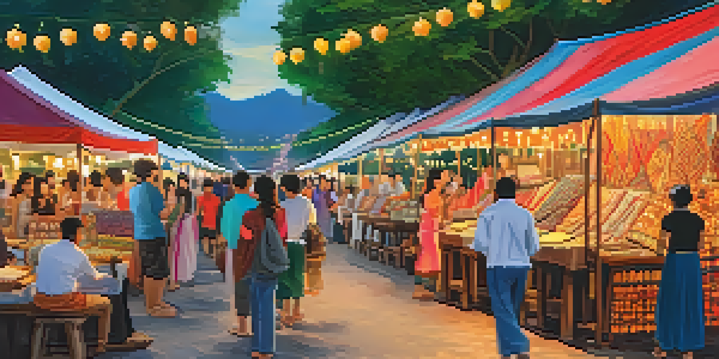A bustling art and craft fair with colorful stalls and artisans in Chiang Mai, showcasing handmade items and festive decorations.