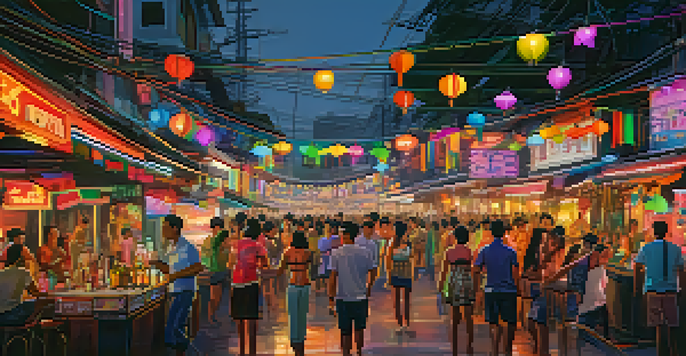 A lively LGBTQ+ nightlife scene in Bangkok with colorful neon lights and diverse people enjoying the evening.