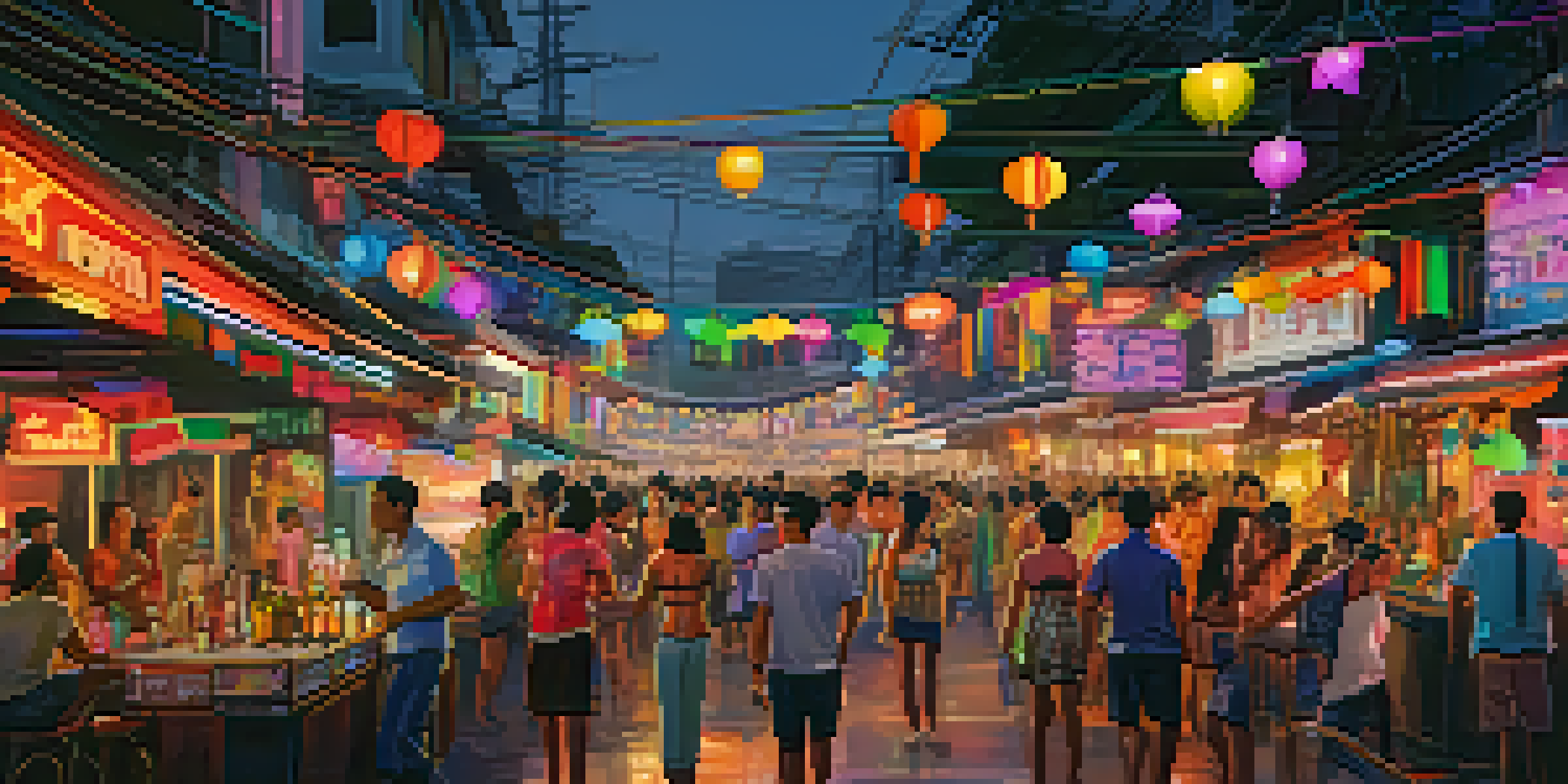 A lively LGBTQ+ nightlife scene in Bangkok with colorful neon lights and diverse people enjoying the evening.