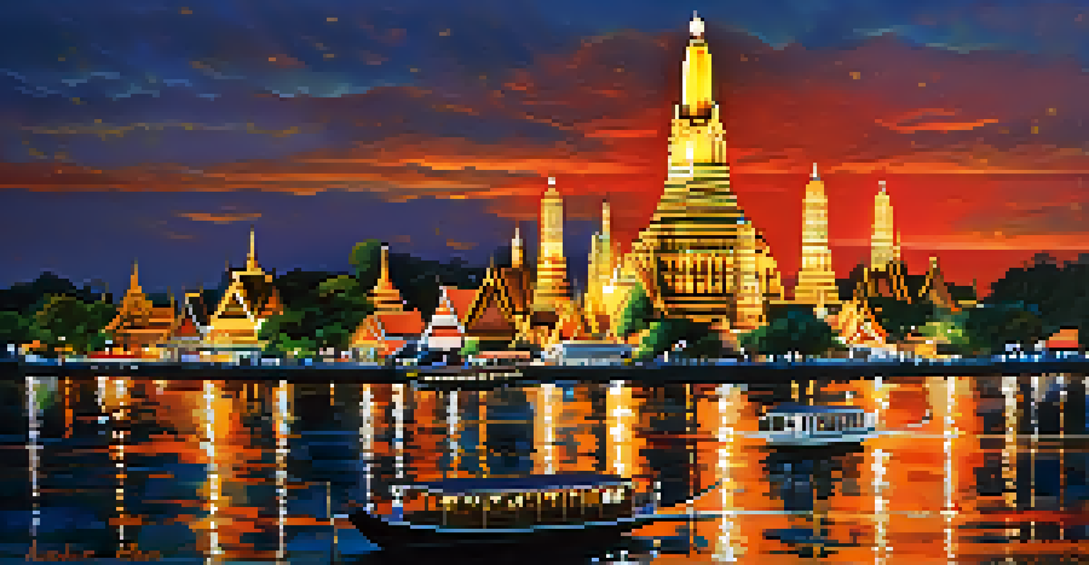The Temple of Dawn in Bangkok, beautifully illuminated at night with reflections in the river.